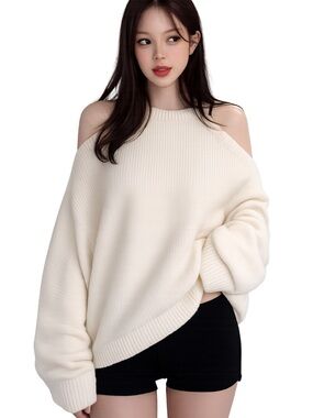 SHEIN Peekaboo Shoulder Knit Sweater Cream One Size NWOT